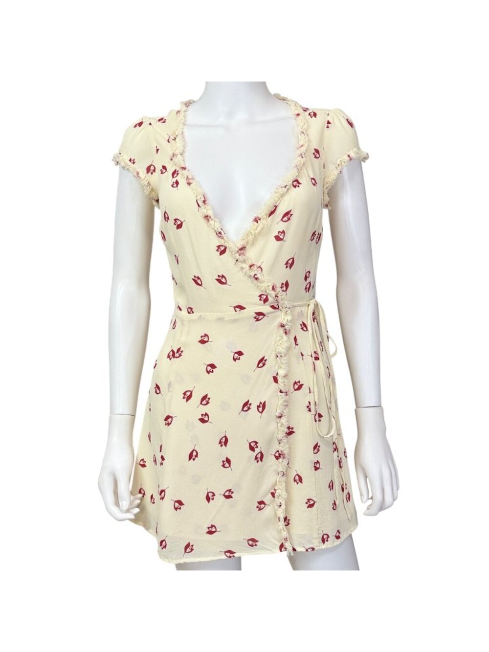 Reformation Wrap Dress Womens S Cream Red Floral Frayed Trim Viscose Short Sleev